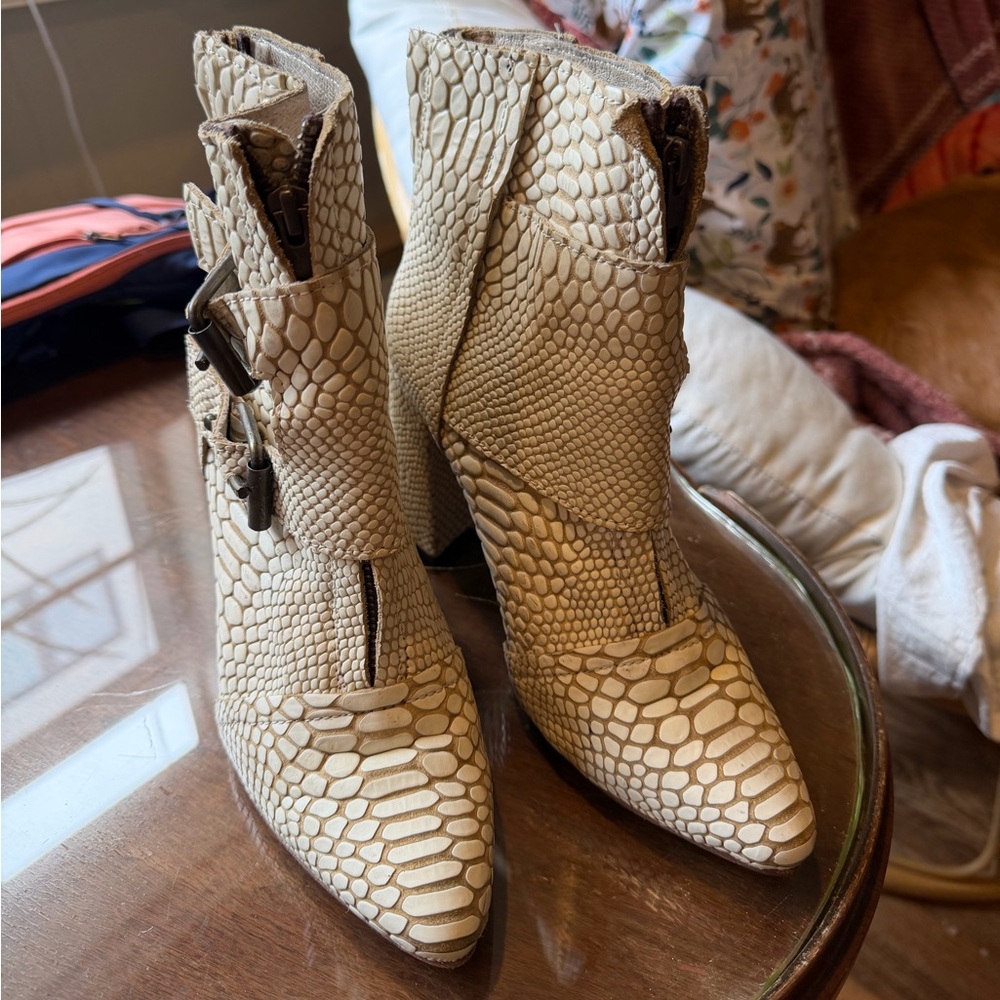 Freebird by Steven Cream Snake-Embossed Pointed Ankle Boots